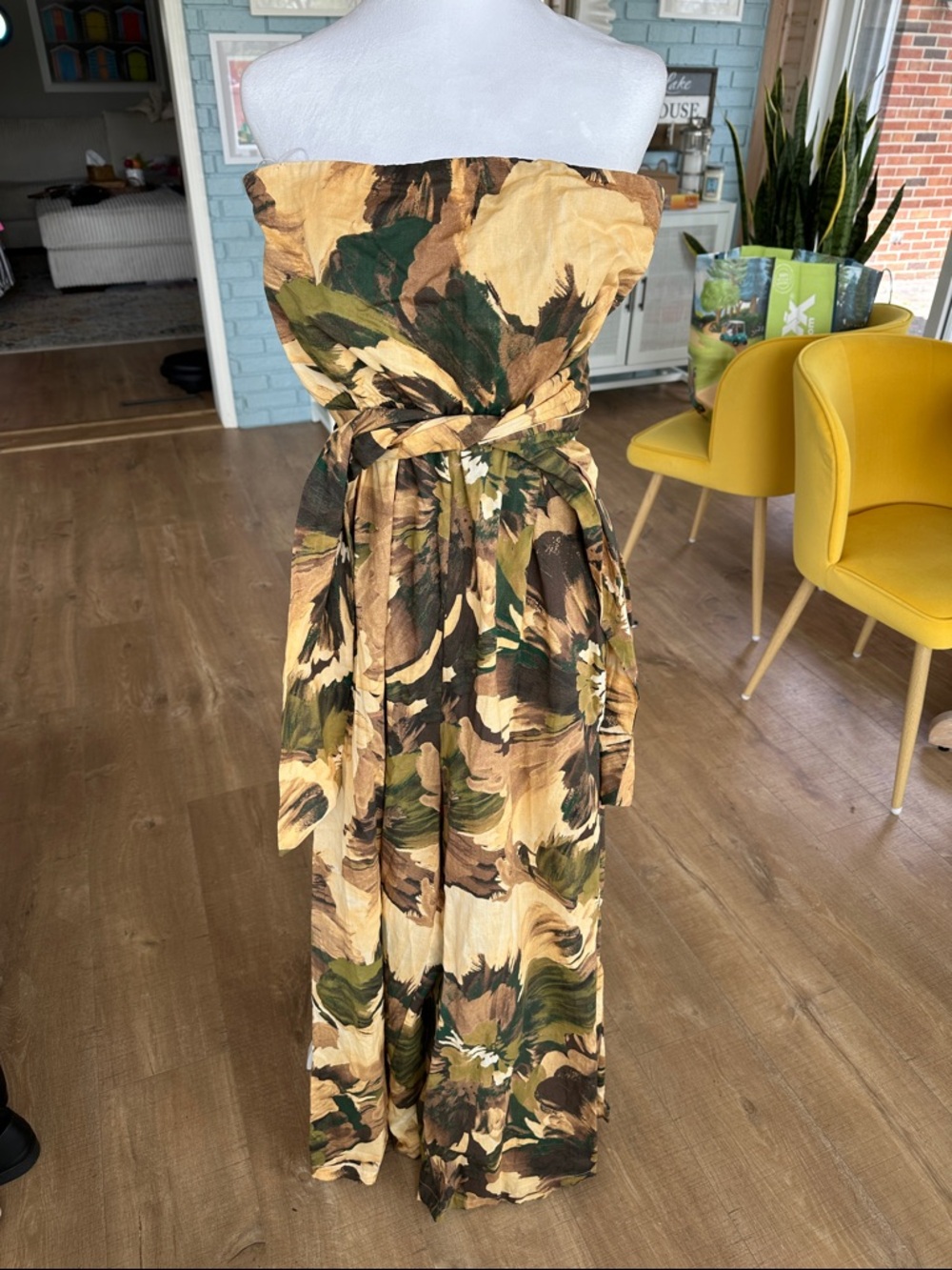 Strapless Jump Suit in Green and Tan Abstract Print